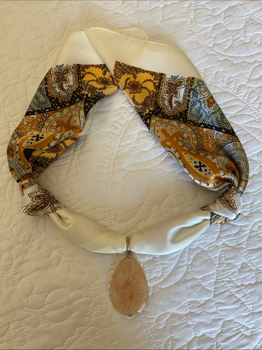Repurposed stone pendant on a new scarf. Tie in back for a fabulous necklace!